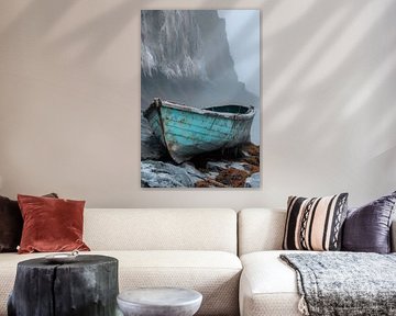 Abandoned boat in the fog - coastal scene by Poster Art Shop
