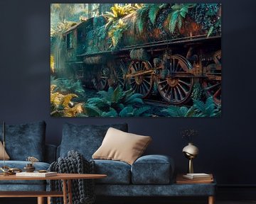 Roestige stoomlocomotief in de jungle van Poster Art Shop