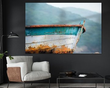 Roestige boot op de oever - natuurfoto van Poster Art Shop