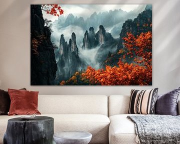 Paysage de montagne automnal dans le brouillard sur Poster Art Shop