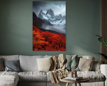 Herfstlandschap met bergen en mist van Poster Art Shop