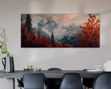Herbstlandschaft mit Bergen und Nebel von Poster Art Shop