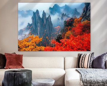 Paysage de montagne automnal dans le brouillard sur Poster Art Shop