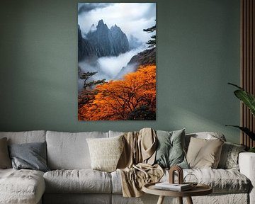 Herfstlandschap met bergen en mist van Poster Art Shop