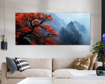Herfstig berglandschap met mist van Poster Art Shop