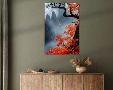 Herfstig berglandschap met mist van Poster Art Shop