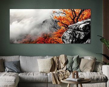 Herbstliche Berglandschaft mit Nebel von Poster Art Shop