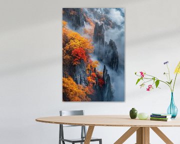 Herfstig berglandschap in de mist van Poster Art Shop