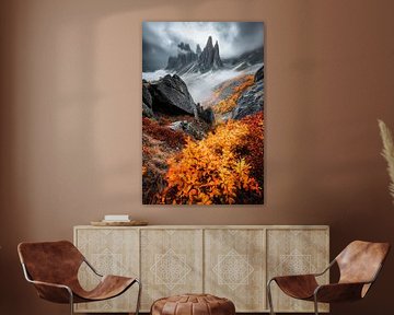 Paysage de montagne dans le brouillard d'automne sur Poster Art Shop
