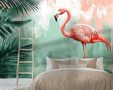 Flamingo bij Tropisch Water en Palmbomen in het groen en roze