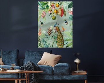 Colourful tropical vintage peacock and hummingbird jungle by Floral Abstractions