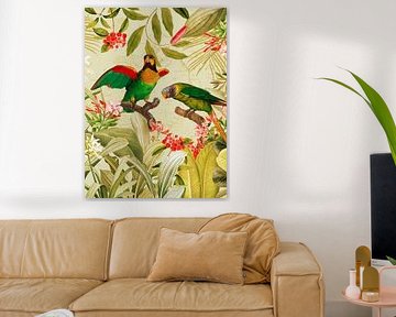 Colourful nostalgic exotic parrots in a tropical jungle 1 by Floral Abstractions