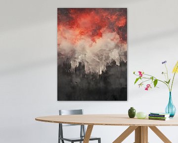 Vurige wolken boven een donker landschap van artefacti