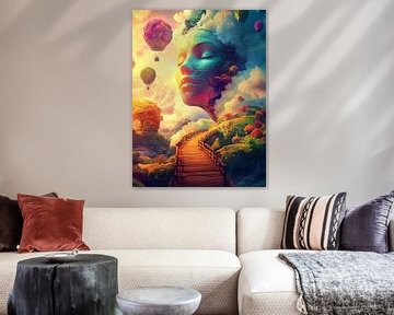 Fantasiewereld met zwevende heteluchtballonnen van artefacti