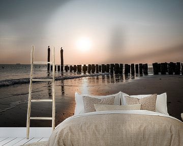 Sunset on the Beach with Breakwaters