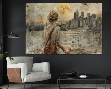 Oil painting of a young woman enjoying the big full moon - 