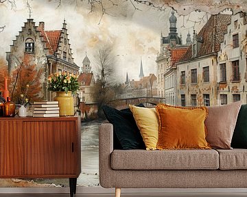 Brugge Kanaal - Mistig Romantisch Stadsgezicht van Joriali Fine Art