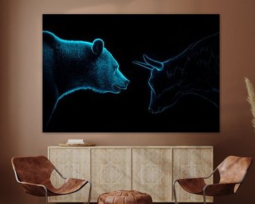 Beer en stier tegenover elkaar - neoneffect van Poster Art Shop