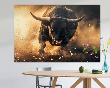 Bruine stier in het stof - dynamisch en krachtig van Poster Art Shop