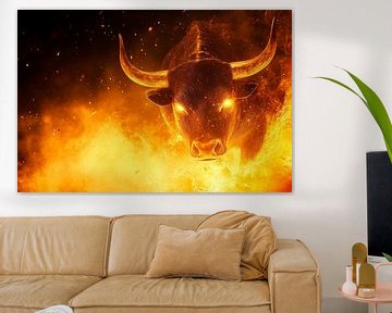 Brandende stier in het vuur - Dramatisch van Poster Art Shop