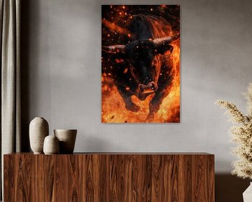 Stier in het vuur - Dramatisch en krachtig van Poster Art Shop