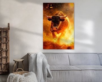 Stier in brand - Dramatisch van Poster Art Shop