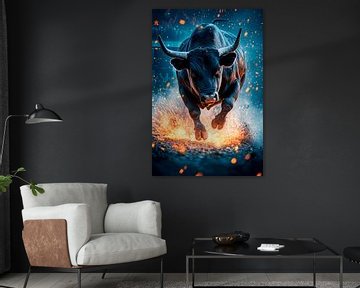 Bull in actie met vonkeffecten van Poster Art Shop