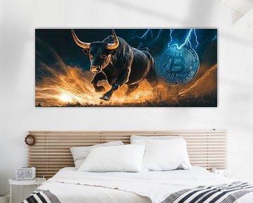 Stier met Bitcoin en bliksemkracht van Poster Art Shop