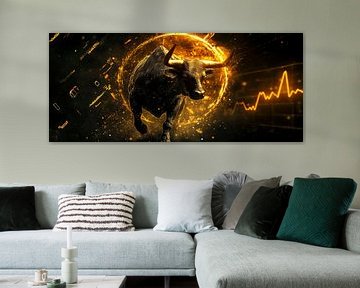 Bull met een dynamische achtergrond - Finance van Poster Art Shop