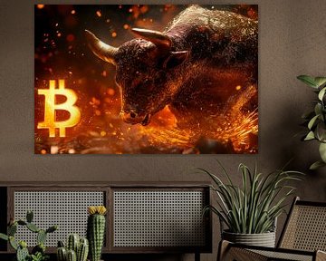 Bull and Bitcoin symbol - fire motif by Poster Art Shop