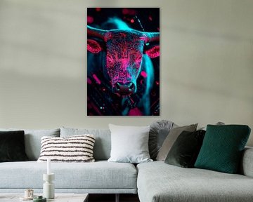 Digitale stierenkop in neonkleuren van Poster Art Shop