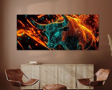 Digitale stier in neonkleuren - Futuristisch van Poster Art Shop