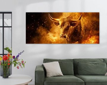 Glowing bull in the fire - Dramatic by Poster Art Shop