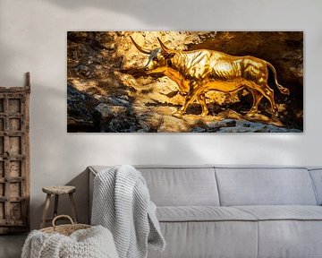 Gouden stier op rots - Glanzend van Poster Art Shop