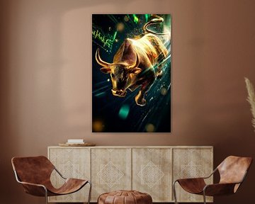 Gouden Stier met financiële grafiek van Poster Art Shop