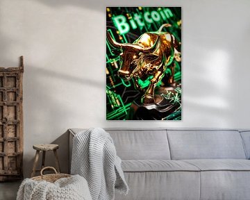 Goldener Bullen mit Bitcoin Hintergrund von Poster Art Shop