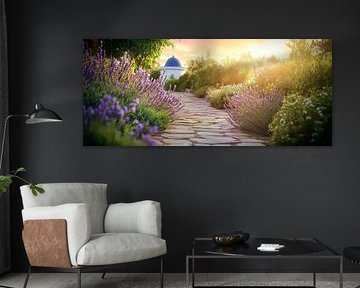 Allée de jardin fleurie au coucher du soleil sur Poster Art Shop