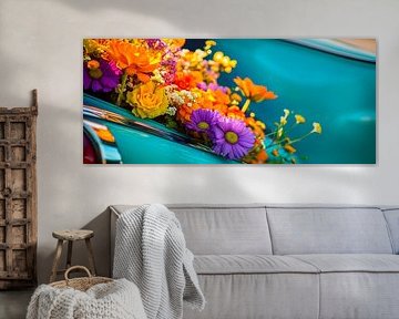 Flower arrangement in vintage car by Poster Art Shop