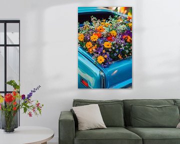 Flowery back seat in a classic car by Poster Art Shop