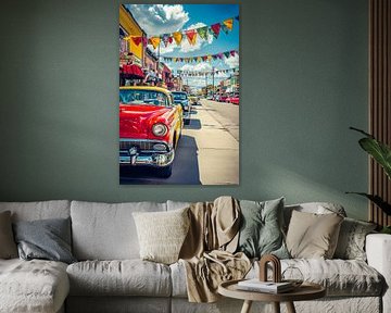 Colourful classic car route with flags by Poster Art Shop