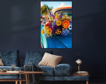 Kleurrijke bloemencompositie op auto van Poster Art Shop