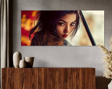 Woman with tattoos and sword - Portrait by Poster Art Shop