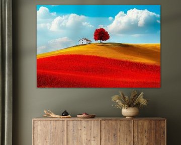 House under a red tree - landscape view by Poster Art Shop