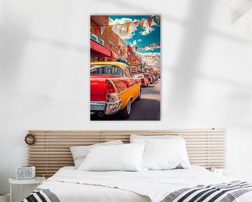 Cortège de voitures rétro dans une ville animée sur Poster Art Shop