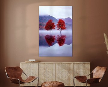 Rote Bäume im Nebelspiegel – Herbstlandschaft von Poster Art Shop