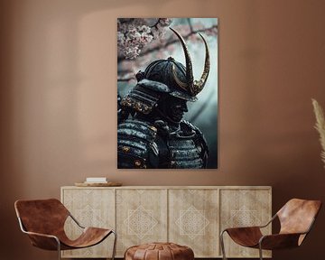 Samurai portrait with cherry blossoms by Poster Art Shop