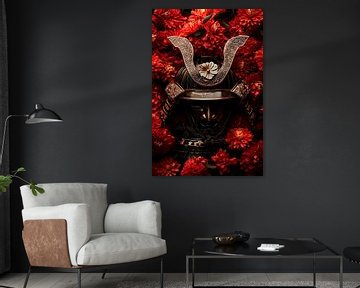 Samurai schedel met rode bloemen van Poster Art Shop
