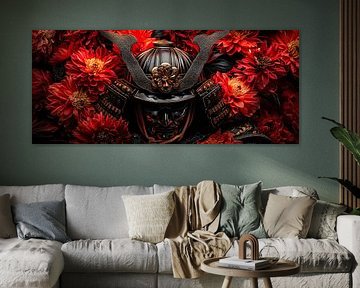 Samurai helmet in front of red flowers by Poster Art Shop