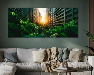 Stedelijke natuur - zonsondergang tussen gebouwen van Poster Art Shop
