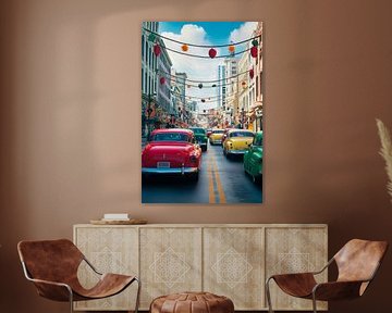 Vintage cars in a city street by Poster Art Shop